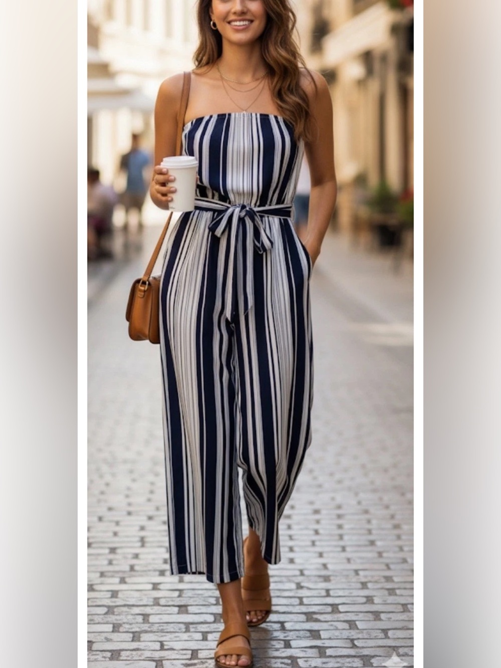 Socialite Navy Stripe Strapless belted elastic waist Cropped Jumpsuit S